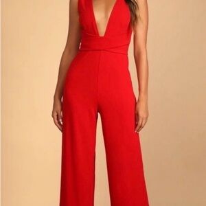 Lulu's Scarlet Deep V Jumpsuit